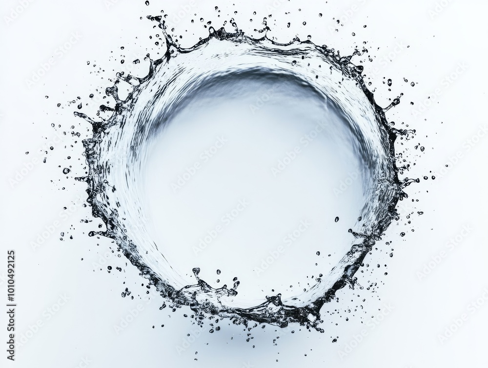Obraz premium 2408 19.A perfect circle of water splash is captured mid-air, suspended against a white background. The detailed water droplets fan outward, creating a visually striking, fluid motion that symbolizes