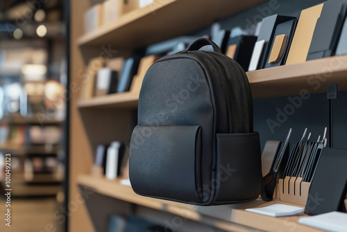 A mock-up of an empty 3D black backpack displayed on a stationery store shelf photo