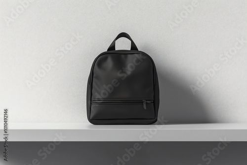 A mock-up of an empty 3D black backpack displayed on a stationery store shelf photo