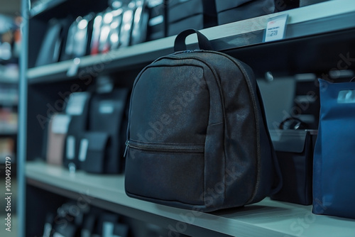 A mock-up of an empty 3D black backpack displayed on a stationery store shelf photo