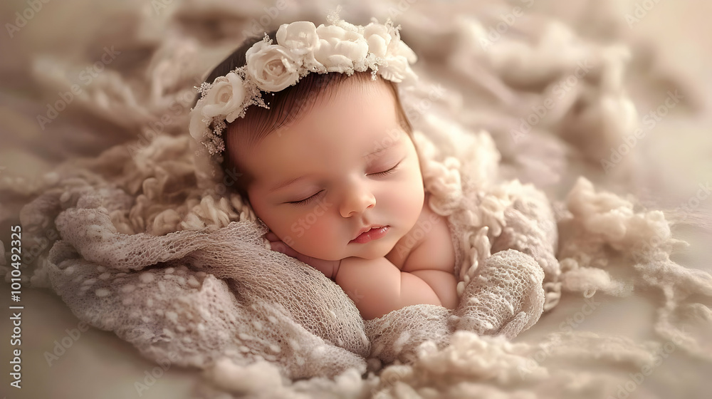 Sweet Newborn Baby Sleeping with Flower Crown Sweet Newborn Baby Sleeping with Flower Crown