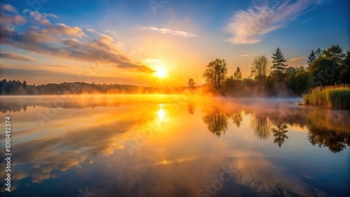 Extreme close-up sunrise lake morning mist light sun