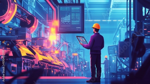 Worker Monitoring a Futuristic Industrial Production Line