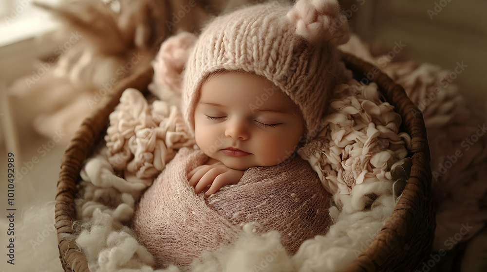 Sweet Baby Sleeping in a Basket with Knitted Blanket Sweet Baby Sleeping in a Basket with Knitted Blanket