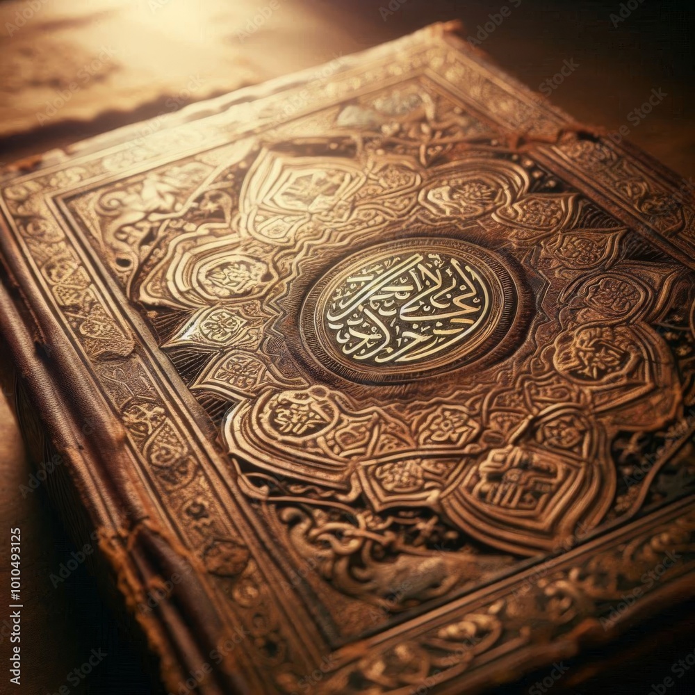 Antique Islamic Holy Book Close-Up, Ancient Koran with Arabic Calligraphy on Aged Parchment Antique Islamic Holy Book Close-Up, Ancient Koran with Arabic Calligraphy on Aged Parchment