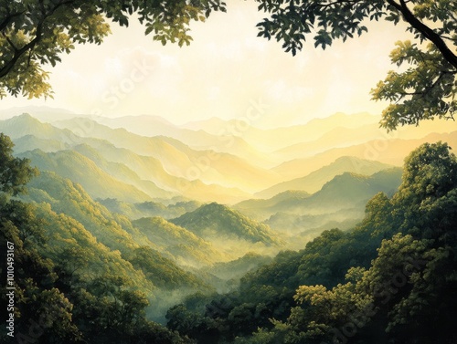 2408 38.A scenic natural landscape with layers of green mountains stretching into the distance, framed by the soft silhouette of leaves in the foreground. The golden sunlight filters through, casting