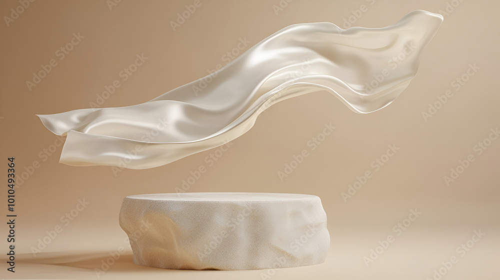 3D display podium, beige background with pedestal and flying nude color silk cloth curtain.Nature wind. Beauty, cosmetic product presentation stand. Luxury feminine mockup 3d render advertisement, 3D display podium, beige background with pedestal and flying nude color silk cloth curtain.Nature wind. Beauty, cosmetic product presentation stand. Luxury feminine mockup 3d render advertisement,