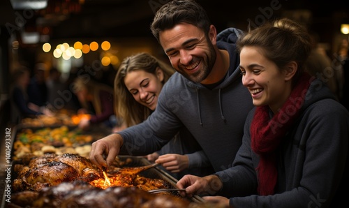 Group of People Standing Around Table With Food