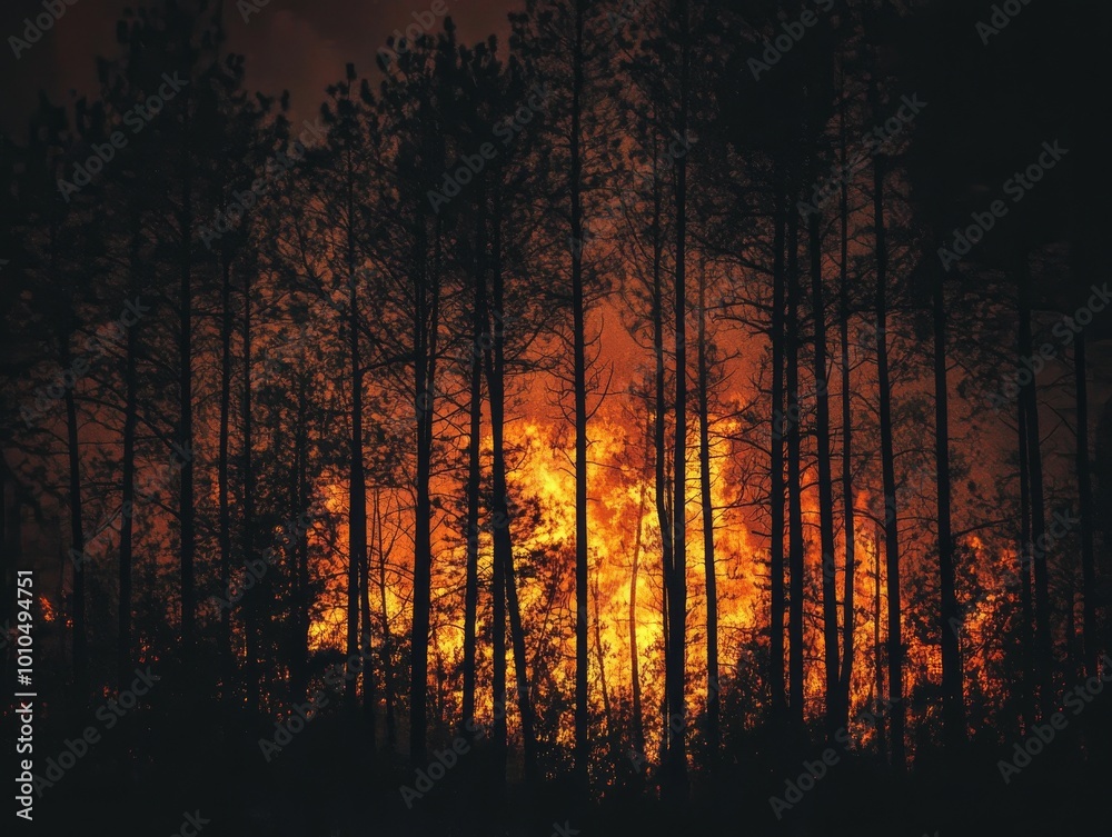 2408 62.Tall trees ablaze in a forest fire at night, with intense flames consuming the vegetation. The orange glow of the fire contrasts against the dark sky, casting eerie shadows and highlighting 2408 62.Tall trees ablaze in a forest fire at night, with intense flames consuming the vegetation. The orange glow of the fire contrasts against the dark sky, casting eerie shadows and highlighting