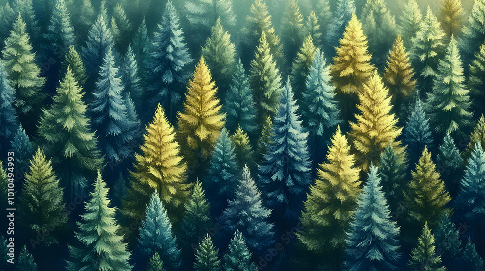 A Watercolor Painting Depicting an Aerial View of a Lush Pine Forest with Golden Accents A Watercolor Painting Depicting an Aerial View of a Lush Pine Forest with Golden Accents