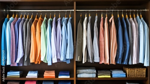 A Well-Organized Closet with Assorted Shirts and a Wooden Basket