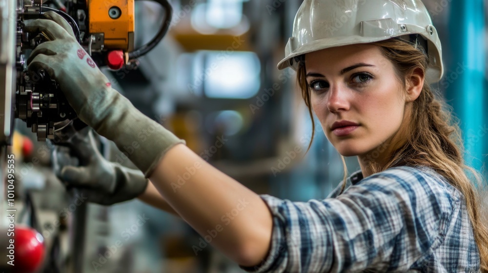 Female Industrial Worker Operating Machinery with Gloves Female Industrial Worker Operating Machinery with Gloves