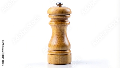 Extreme close-up wooden pepper mill isolated on white background