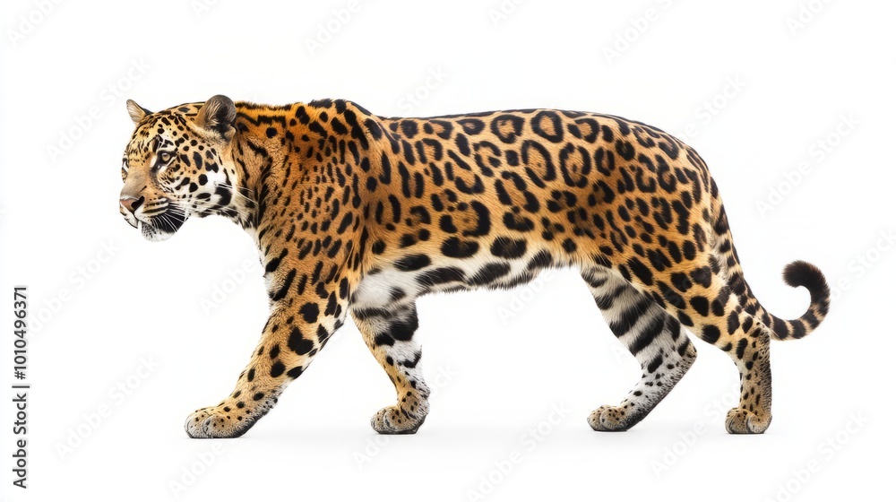 Majestic Leopard Prowling on White Background,Powerful Big Cat in Alert Pose Majestic Leopard Prowling on White Background,Powerful Big Cat in Alert Pose