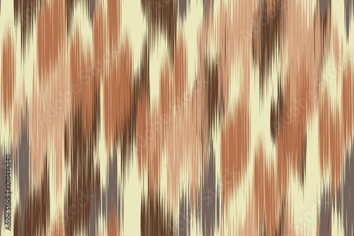 Seamless Ikat fabric pattern with tribal geometric patterns. Traditional abstract zigzag art on woven fabric. Warm earth tone background. Suitable for wallpaper.