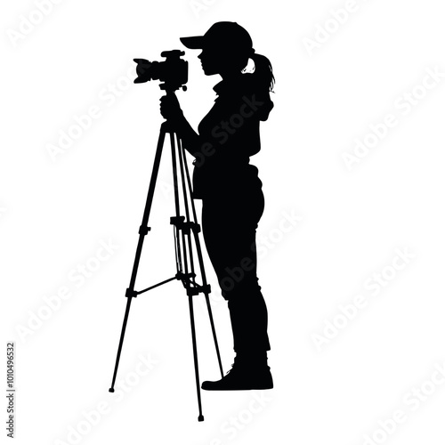 A silhouette of a photographer taking a picture with a camera on a tripod vector silhouette 