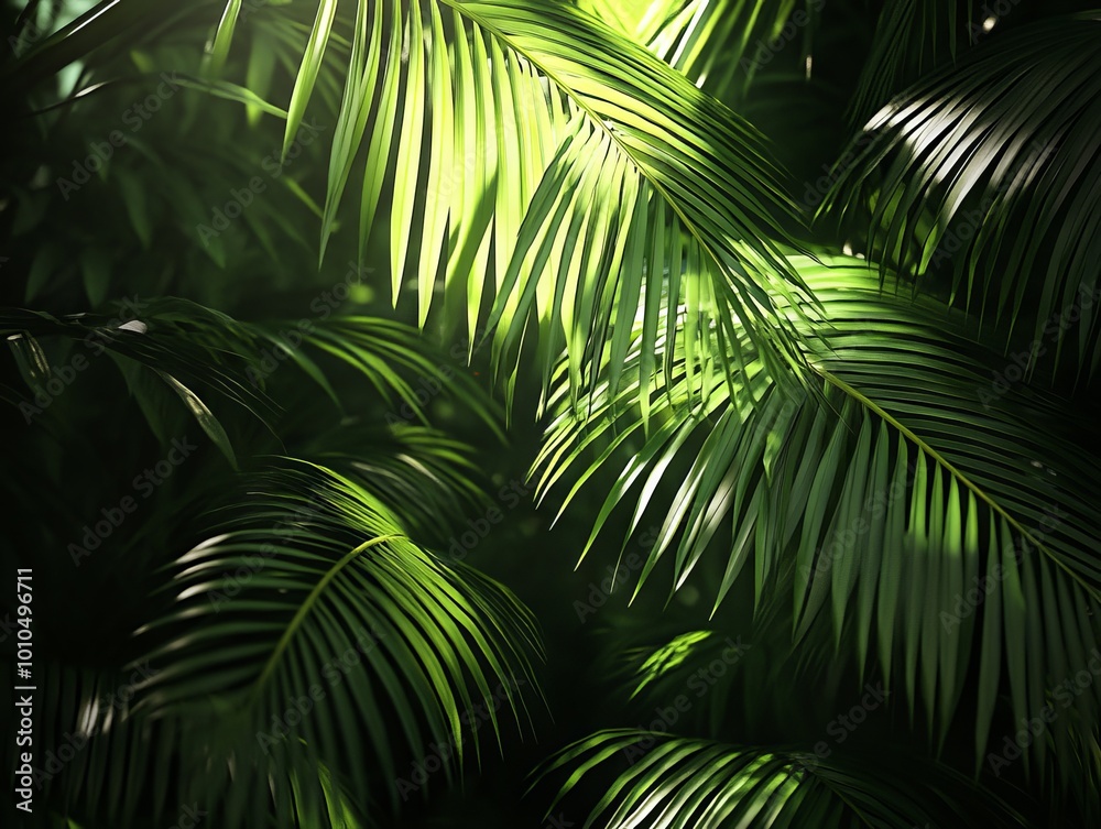 2408 89.Tropical palm leaves fill the frame, their dark green tones highlighted by sunlight filtering through the garden. The intricate shadows and textures create a soothing, natural ambiance,