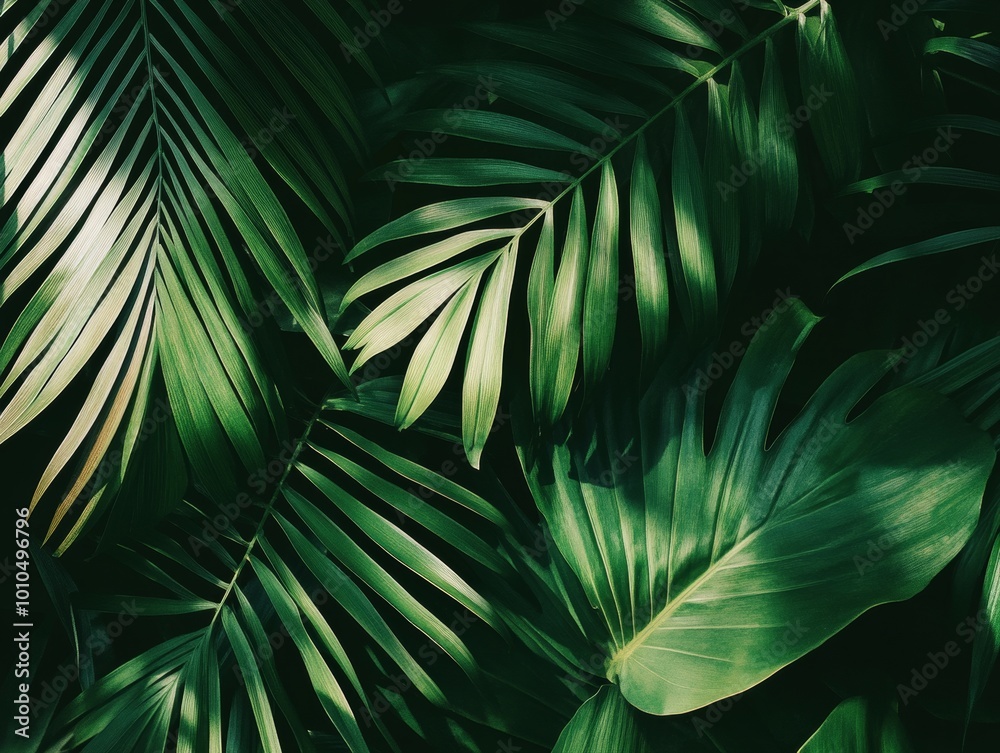 2408 90.A close-up of palm leaves in deep green tones, casting layered shadows on one another under soft sunlight. The texture and detail of the leaves stand out against the dark, shadowy background, 2408 90.A close-up of palm leaves in deep green tones, casting layered shadows on one another under soft sunlight. The texture and detail of the leaves stand out against the dark, shadowy background,
