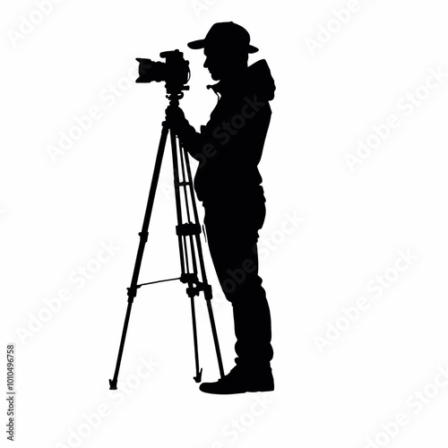 A silhouette of a photographer taking a picture with a camera on a tripod vector silhouette 