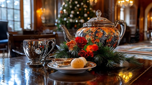 Elegant Tea Time Setting with Silver Teapot Cups and Festive Decorations