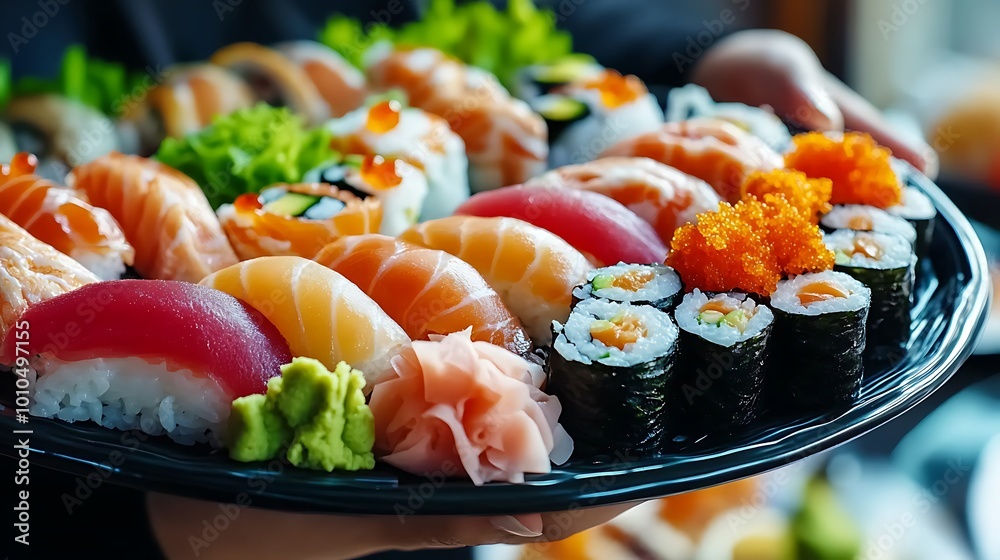 Sushi Platter with Salmon Tuna and Avocado Nigiri and Maki Rolls Sushi Platter with Salmon Tuna and Avocado Nigiri and Maki Rolls