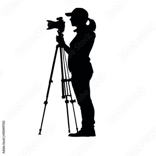 A silhouette of a photographer taking a picture with a camera on a tripod vector silhouette 