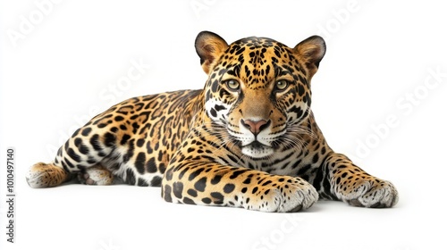 Powerful big cat predator with patterned fur and alert vigilant expression on white background