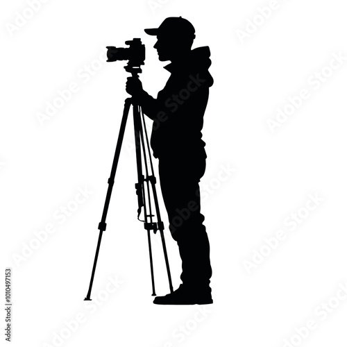 A silhouette of a photographer taking a picture with a camera on a tripod vector silhouette 