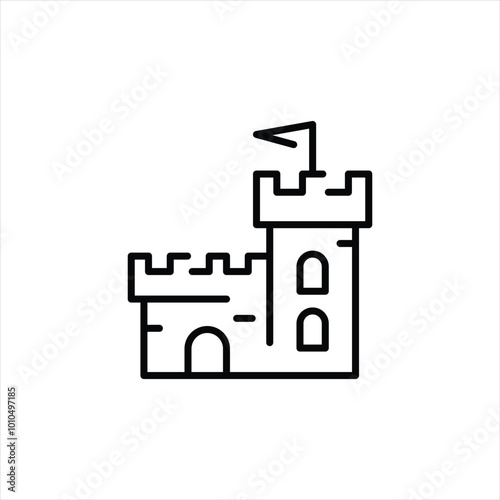 Medieval castle icon. Simplified representation of a historical castle with towering spires, symbolizing royal heritage, feudal history, architectural grandeur of the medieval era. Vector illustration