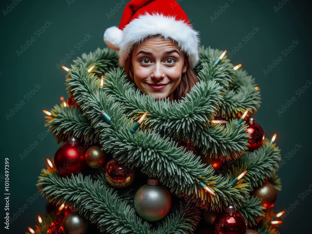 Creative Christmas costume with a person wrapped in a Christmas tree Creative Christmas costume with a person wrapped in a Christmas tree
