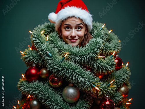 Creative Christmas costume with a person wrapped in a Christmas tree