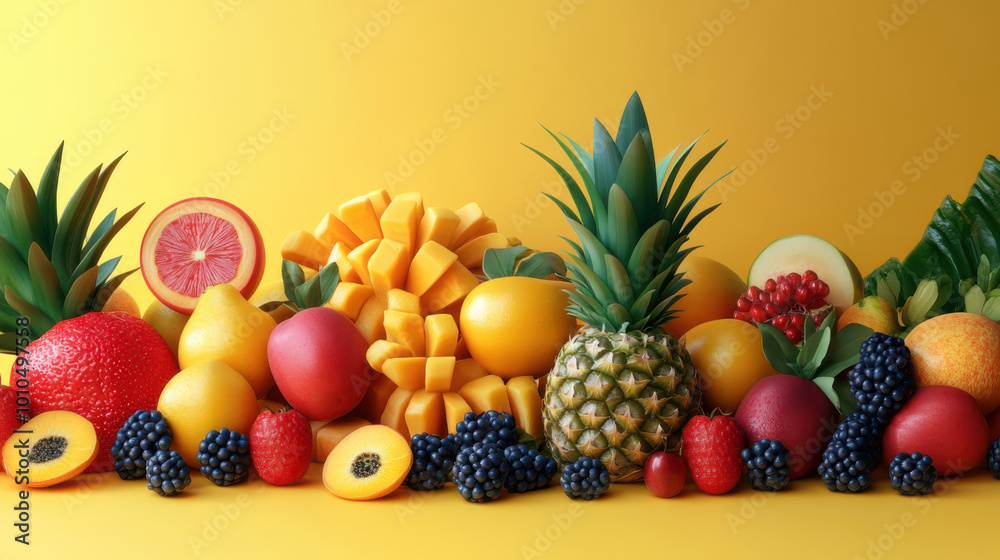 Vibrant Fruit Still Life with Yellow Background Vibrant Fruit Still Life with Yellow Background