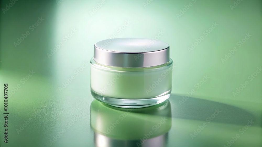 Facial cream container on pale green backdrop casting soft shadow Facial cream container on pale green backdrop casting soft shadow
