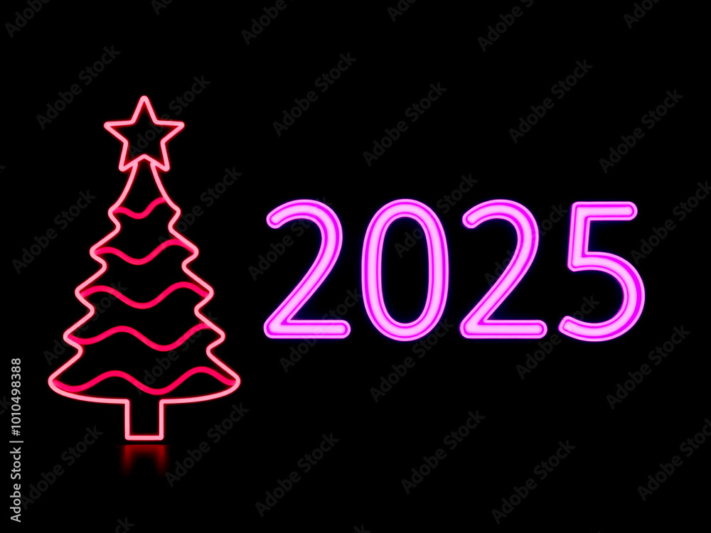 Neon Christmas tree with 2025 in pink lights. Blurred image Neon Christmas tree with 2025 in pink lights. Blurred image