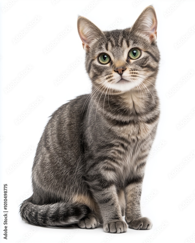 A grey striped cat with green eyes sits elegantly against a white background, radiating charm. A grey striped cat with green eyes sits elegantly against a white background, radiating charm.