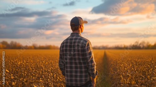 A Farmer Stands in a Field of Soybeans at Sunset