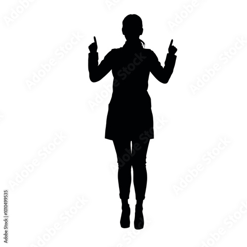 A silhouette of a woman standing with her arms raised, giving a thumbs up gesture