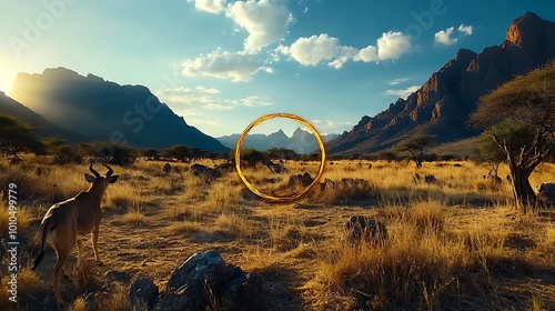 Golden Ring in African Savanna with Antelope and Mountains photo