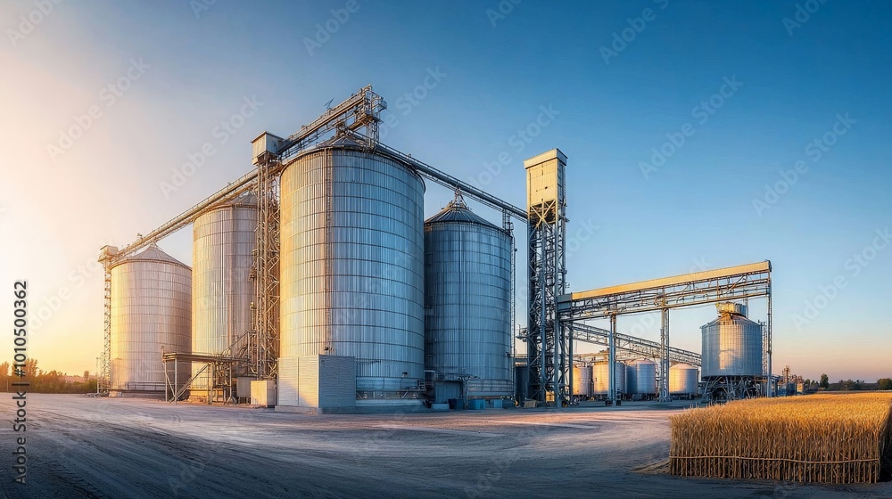 A panoramic shot of a large-scale grain storage facility, with silos and grain elevators against a clear sky A panoramic shot of a large-scale grain storage facility, with silos and grain elevators against a clear sky