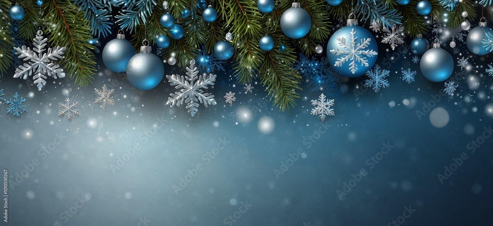 Blue shiny festive background with fir branch, silver balls and snowflakes Blue shiny festive background with fir branch, silver balls and snowflakes