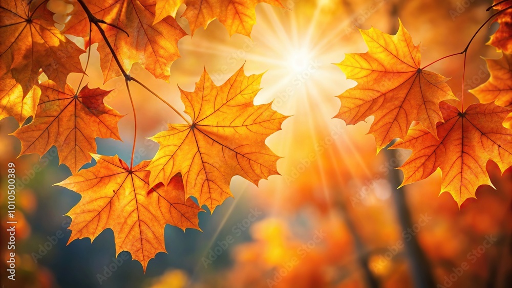 Falling maple leaves glowing in the sun on a gray background