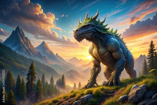 fantastic creature in mountains at sunrise photo