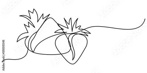 Single continuous line drawing of organic strawberry for fruit icon fresh berries fruitage concept, Continuous one line drawing strawberry fruit with red and green spots. Farmer market Logo concept.