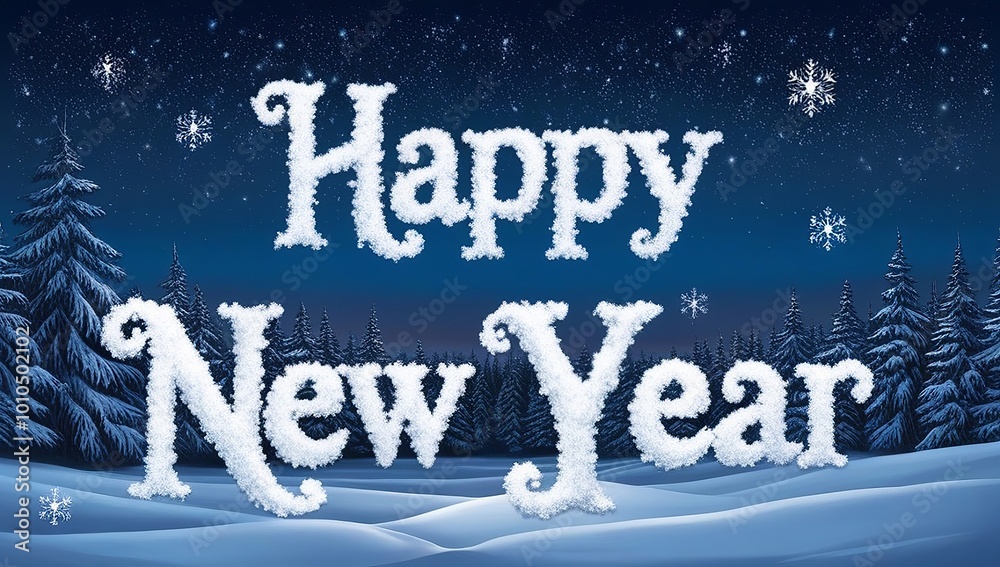 Φωτογραφία Snowy Happy New Year text in winter scene with twinkling stars and shimmering snow