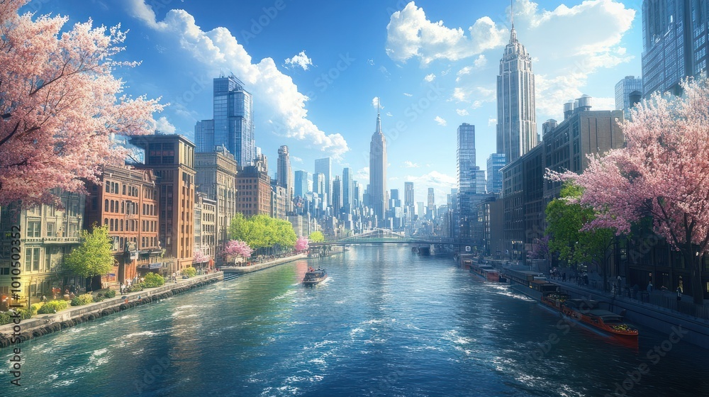 Obraz premium A vibrant cityscape with skyscrapers beside a serene river, showcasing urban life and natural beauty under a clear blue sky.
