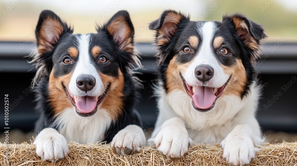Two joyful dogs resting on straw with playful expressions in a sunny outdoor setting, showcasing their friendly nature. Two joyful dogs resting on straw with playful expressions in a sunny outdoor setting, showcasing their friendly nature.