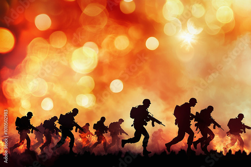 silhouetted soldiers marching through a smoky, fire-lit battlefield, creating a dramatic and intense atmosphere