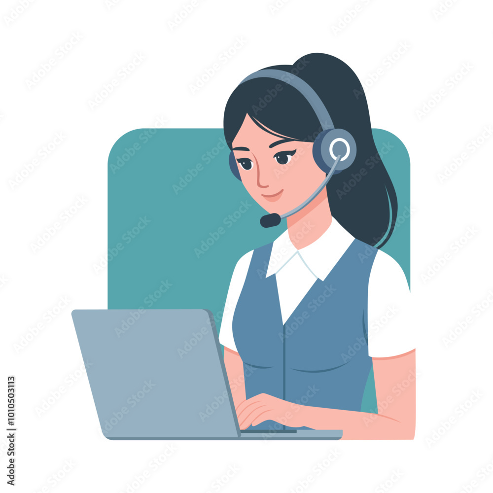 woman Customer Service Operator flat Vector Cartoon with Headphones and Laptop isolated background woman Customer Service Operator flat Vector Cartoon with Headphones and Laptop isolated background