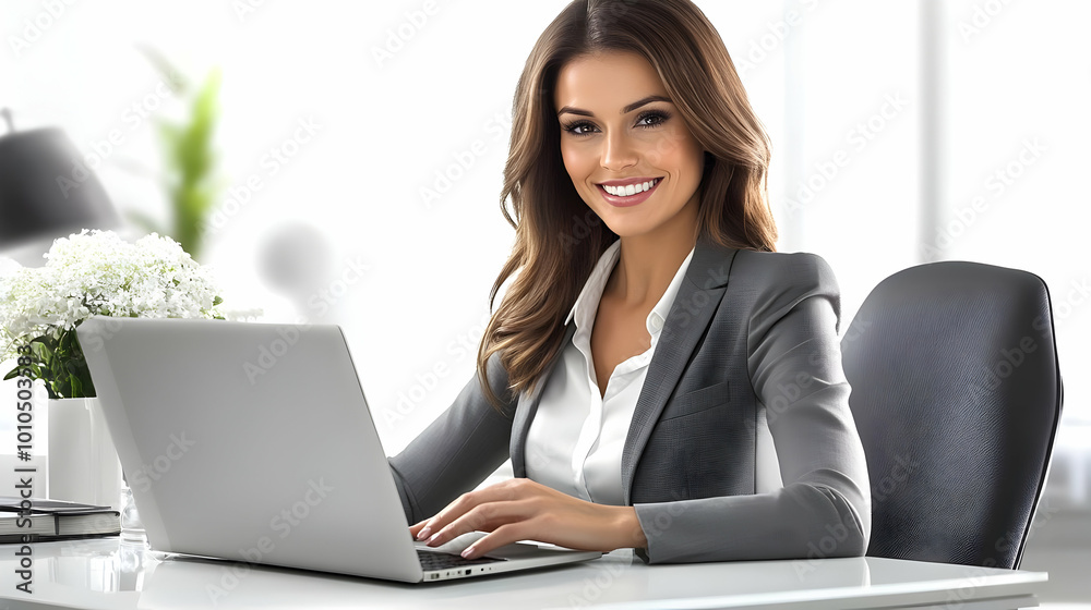 Woman Works on Laptop, Smiling at Camera in Office Setting Woman Works on Laptop, Smiling at Camera in Office Setting