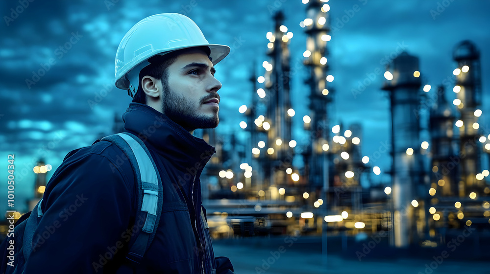 Industrial Worker Looking at Nighttime Refinery